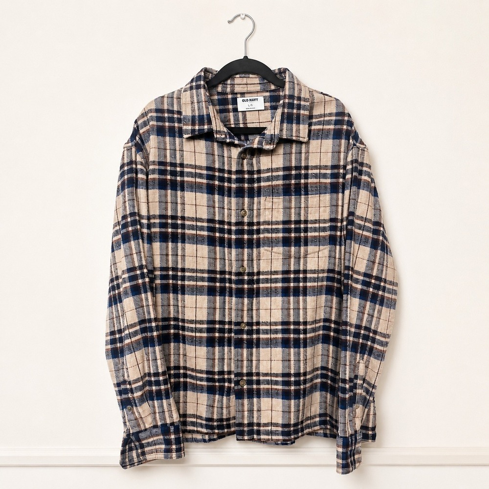 Old Navy Plaid Flannel Shirt Men's Large Beige Blue Grunge Workwear Button Up